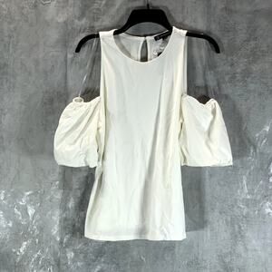 INC INTERNATIONAL Women's Washed White Cold-Shoulder Balloon Sleeve Top SZ L